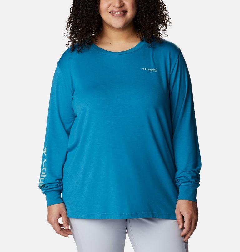 Women\'s Columbia PFG Slack Water Graphic Long Sleeve Sweatshirts Blue | Plus Size CA-YC34A